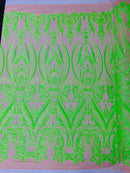 Damask Sequins - Neon Green on Nude - Damask Sequin Design on 4 Way Stretch Fabric By Yard