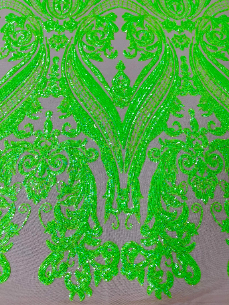 Damask Sequins - Neon Green on Nude - Damask Sequin Design on 4 Way Stretch Fabric By Yard