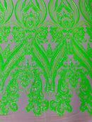 Damask Sequins - Neon Green on Nude - Damask Sequin Design on 4 Way Stretch Fabric By Yard