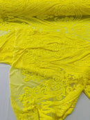 Damask Sequins - Yellow - Damask Sequin Design on 4 Way Stretch Fabric By Yard