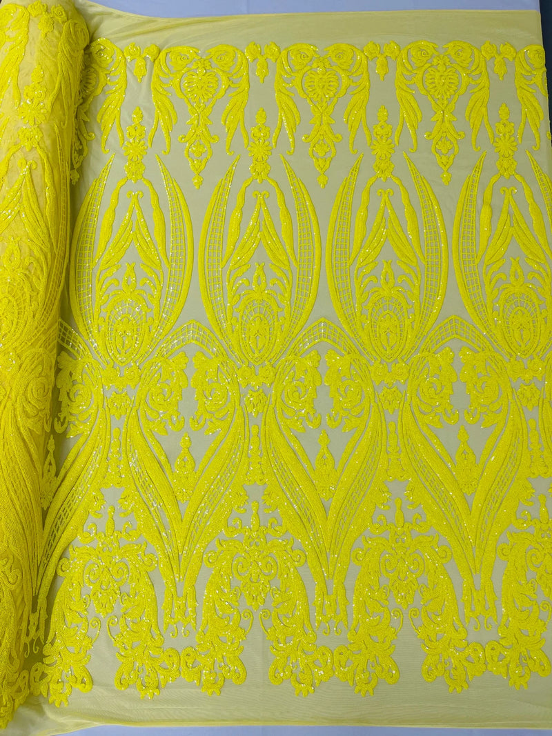 Damask Sequins - Yellow - Damask Sequin Design on 4 Way Stretch Fabric By Yard