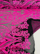 Damask Sequins - Hot Pink on Black - Damask Sequin Design on 4 Way Stretch Fabric By Yard