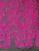 Damask Sequins - Hot Pink on Black - Damask Sequin Design on 4 Way Stretch Fabric By Yard