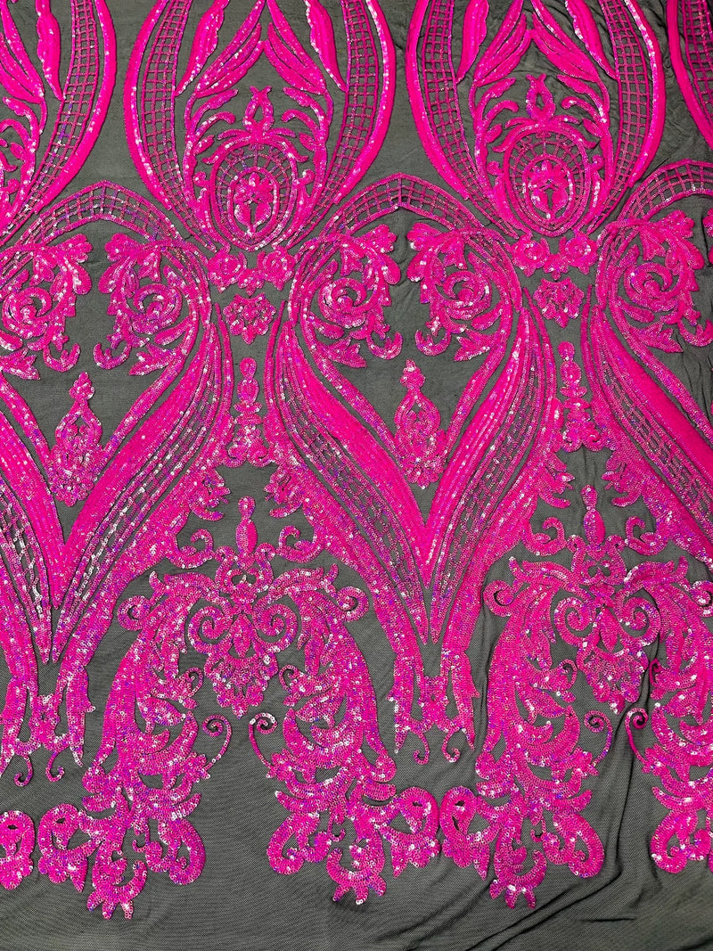 Damask Sequins - Hot Pink on Black - Damask Sequin Design on 4 Way Stretch Fabric By Yard