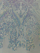 Damask Sequins - Clear Iridescent - Damask Sequin Design on 4 Way Stretch Fabric By Yard