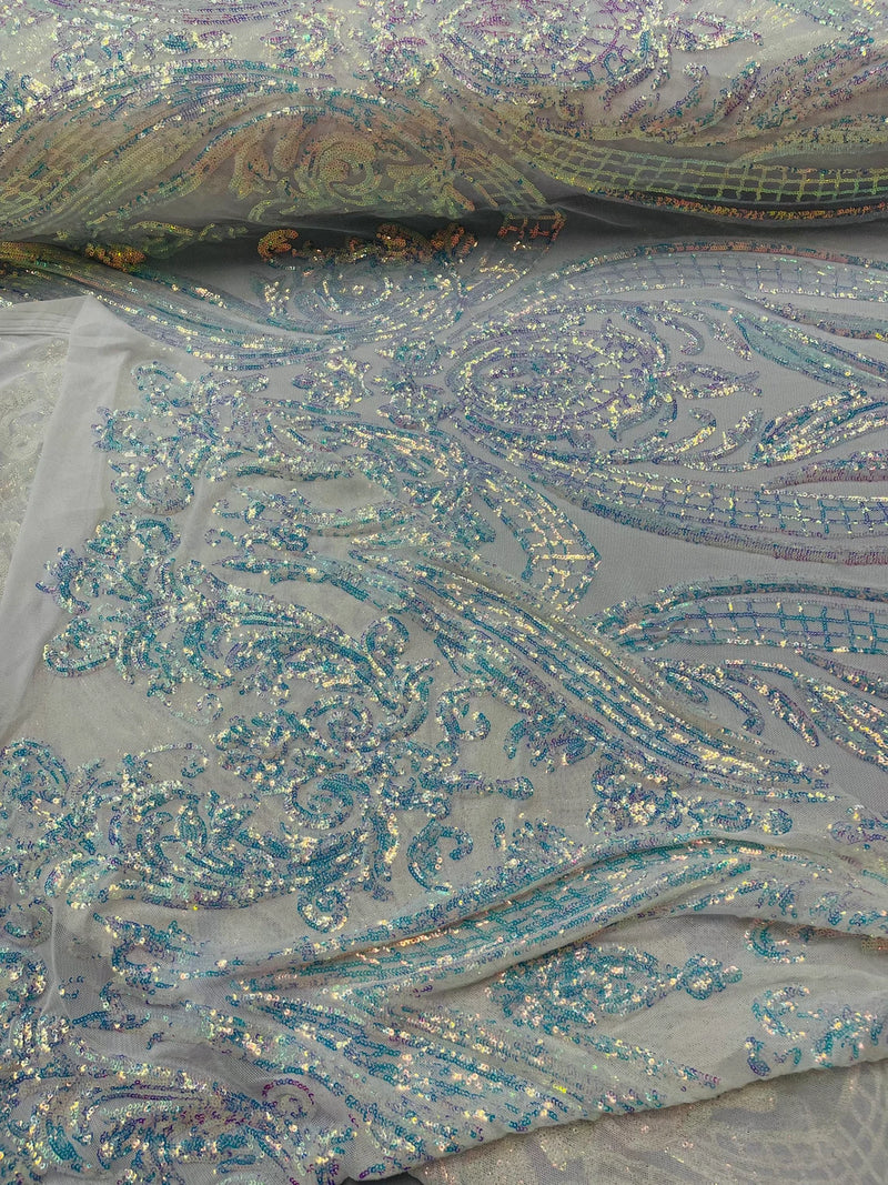 Damask Sequins - Clear Iridescent - Damask Sequin Design on 4 Way Stretch Fabric By Yard