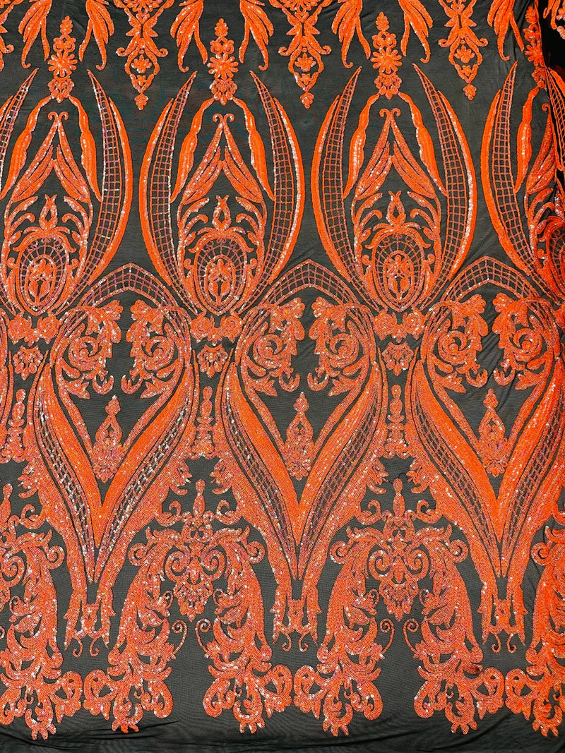 Damask Sequins - Orange on Black - Damask Sequin Design on 4 Way Stretch Fabric By Yard