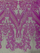 Damask Sequins - Candy Pink - Damask Sequin Design on 4 Way Stretch Fabric By Yard