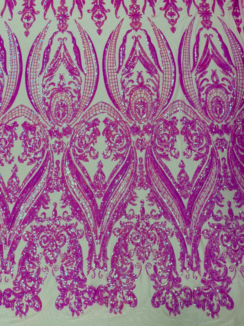 Damask Sequins - Candy Pink - Damask Sequin Design on 4 Way Stretch Fabric By Yard