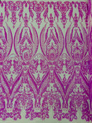 Damask Sequins - Candy Pink - Damask Sequin Design on 4 Way Stretch Fabric By Yard