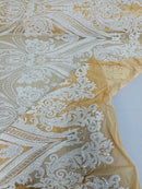 Damask Sequins - White on Nude - Damask Sequin Design on 4 Way Stretch Fabric By Yard