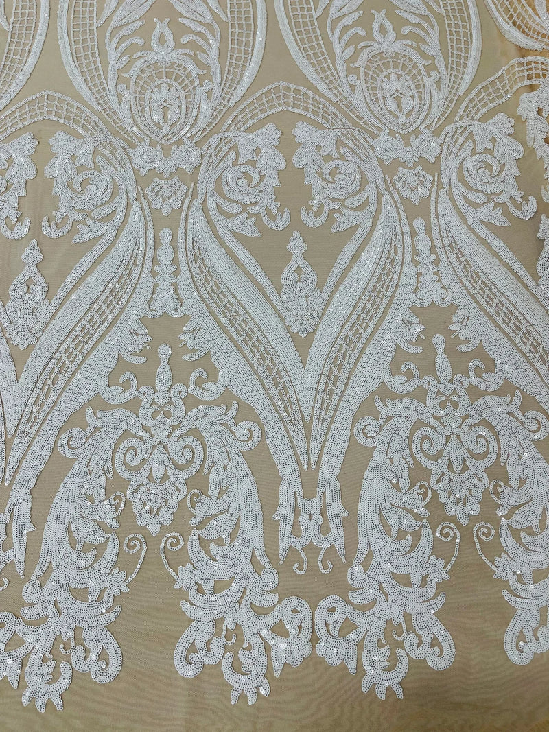 Damask Sequins - White on Nude - Damask Sequin Design on 4 Way Stretch Fabric By Yard