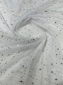 Foil Star Sheer Organza - Silver On White - 60" Sheer Silver Star Organza Fabric Sold By Yard