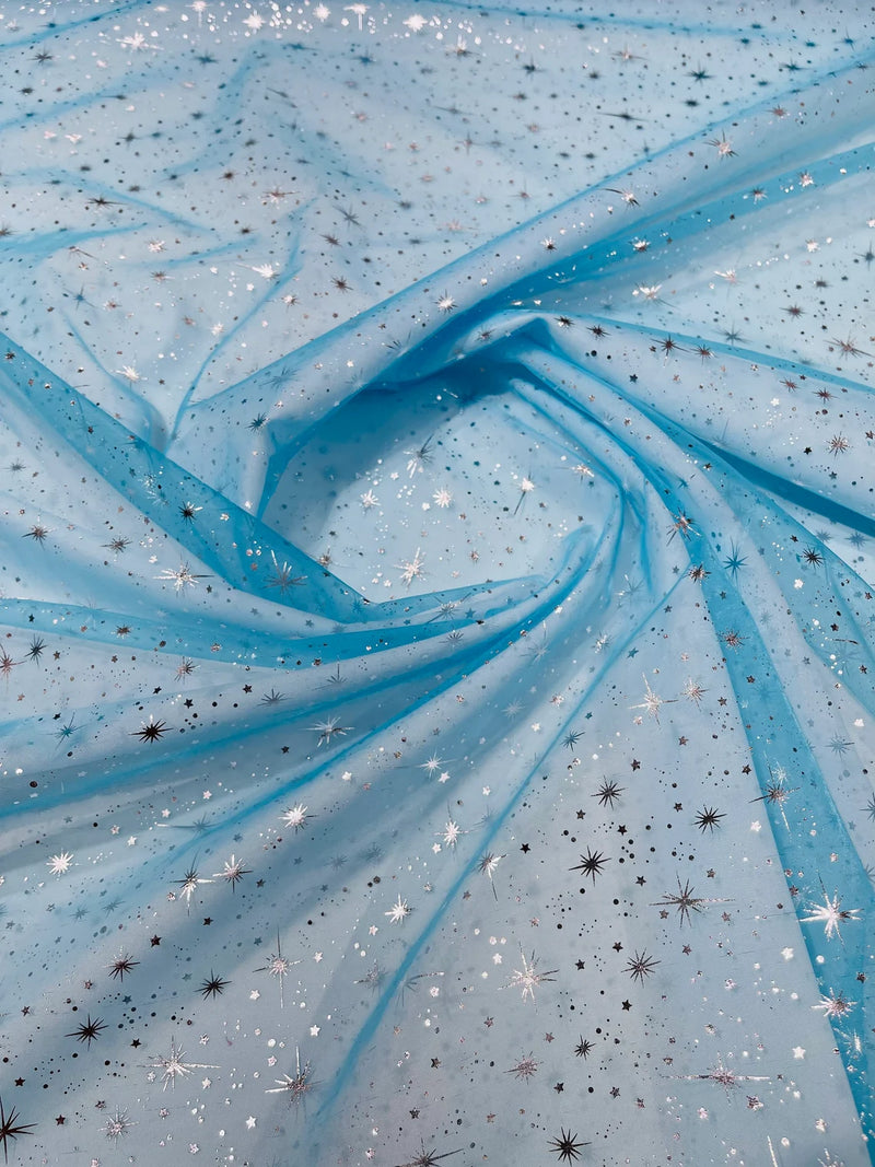 Foil Star Sheer Organza - Silver On Turquoise - 60" Sheer Silver Star Organza Fabric Sold By Yard