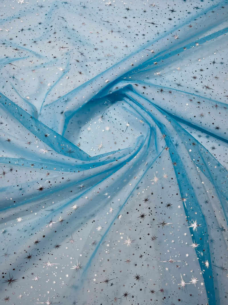 Foil Star Sheer Organza - Silver On Turquoise - 60" Sheer Silver Star Organza Fabric Sold By Yard