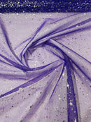 Foil Star Sheer Organza - Silver On Purple - 60" Sheer Silver Star Organza Fabric Sold By Yard