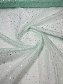 Foil Star Sheer Organza - Silver On Mint - 60" Sheer Silver Star Organza Fabric Sold By Yard