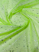 Foil Star Sheer Organza - Silver On Lime Green - 60" Sheer Silver Star Organza Fabric Sold By Yard