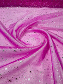 Foil Star Sheer Organza - Silver On Fuchsia - 60" Sheer Silver Star Organza Fabric Sold By Yard
