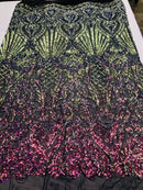 Iridescent Rainbow, Black Mesh Damask Design 4Way Stretch Sequin Fabric Mesh-Prom-Gown By The Yard