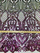 Iridescent Purple, Nude Mesh Damask Design 4Way Stretch Sequin Fabric Mesh-Prom-Gown By The Yard