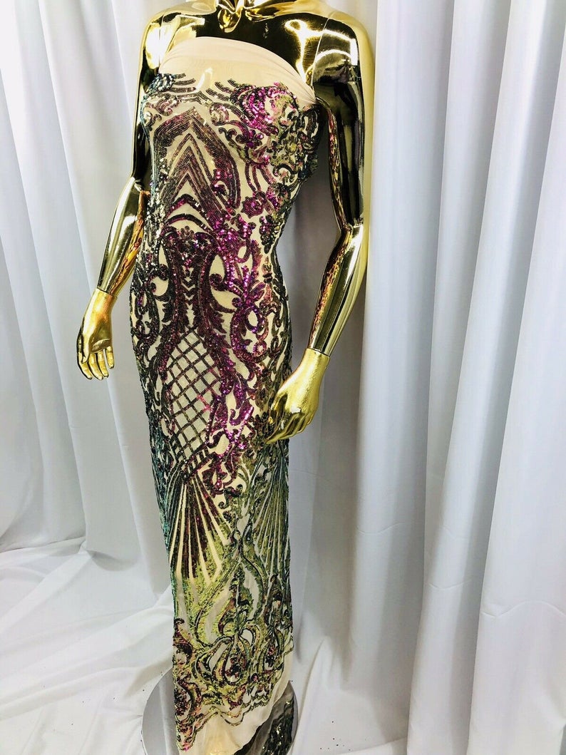 Iridescent Purple, Nude Mesh Damask Design 4Way Stretch Sequin Fabric Mesh-Prom-Gown By The Yard