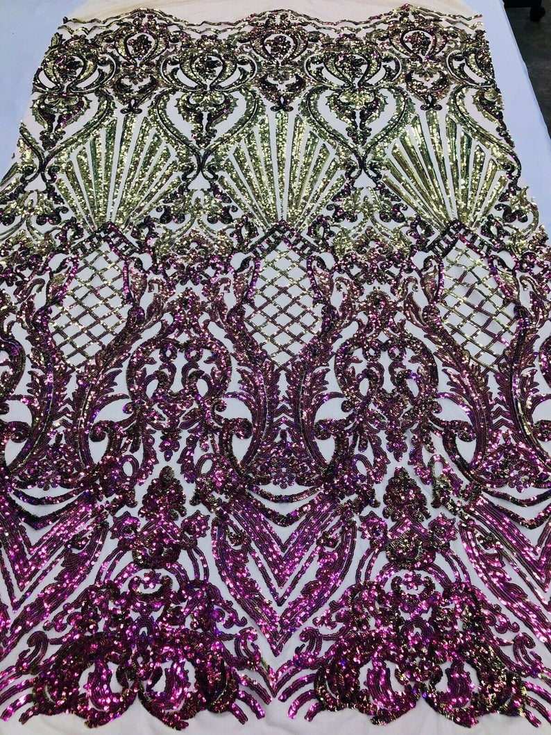 Iridescent Purple, Nude Mesh Damask Design 4Way Stretch Sequin Fabric Mesh-Prom-Gown By The Yard