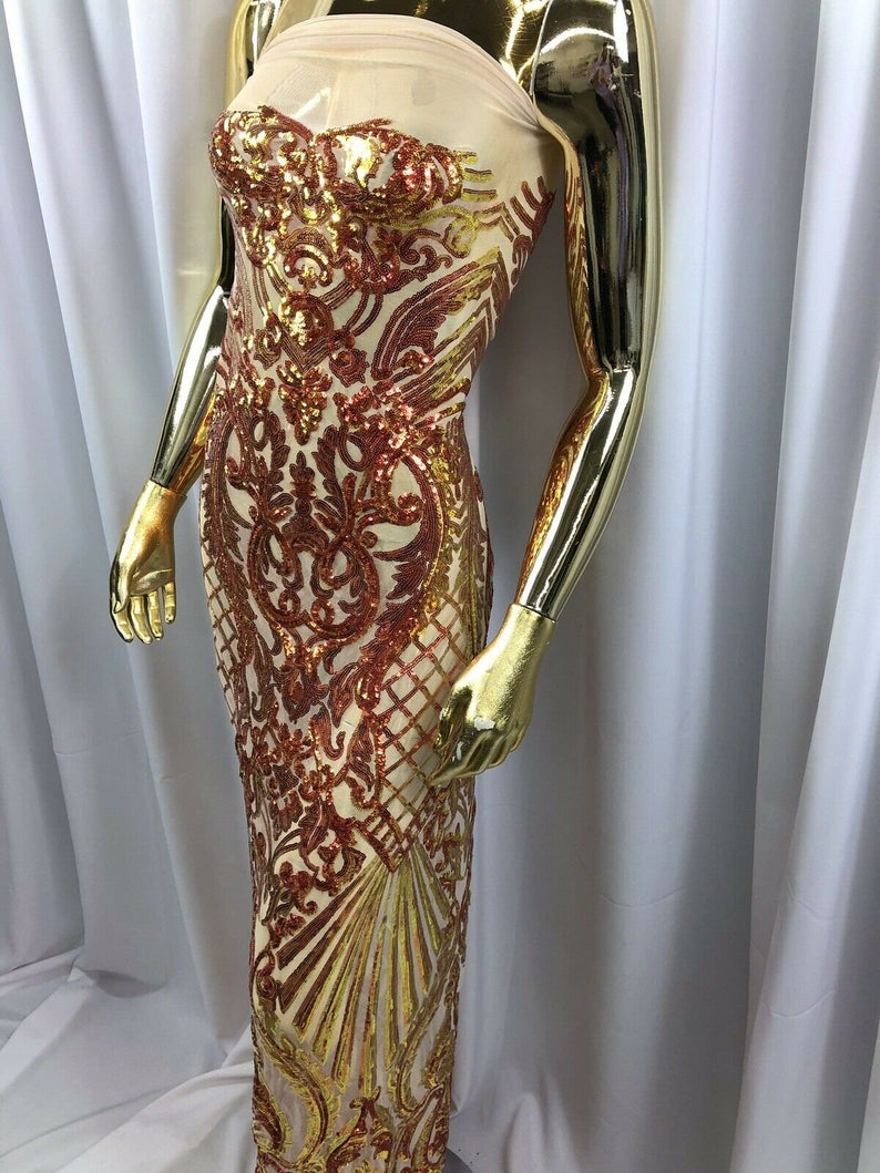 Iridescent Orange, Nude Mesh Damask Design 4Way Stretch Sequin Fabric Mesh-Prom-Gown By The Yard