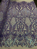 Iridescent Lilac,  Mesh Damask Design 4Way Stretch Sequin Fabric Mesh-Prom-Gown By The Yard