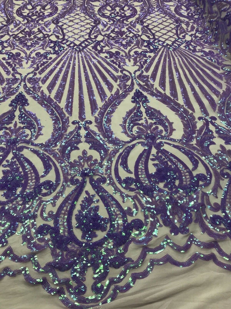 Iridescent Lilac,  Mesh Damask Design 4Way Stretch Sequin Fabric Mesh-Prom-Gown By The Yard