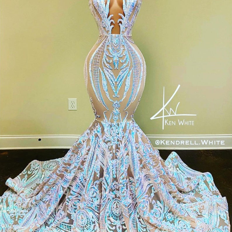 Iridescent aqua,  Nude Mesh Damask Design 4Way Stretch Sequin Fabric Mesh-Prom-Gown By The Yard