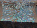 Iridescent aqua,  Nude Mesh Damask Design 4Way Stretch Sequin Fabric Mesh-Prom-Gown By The Yard