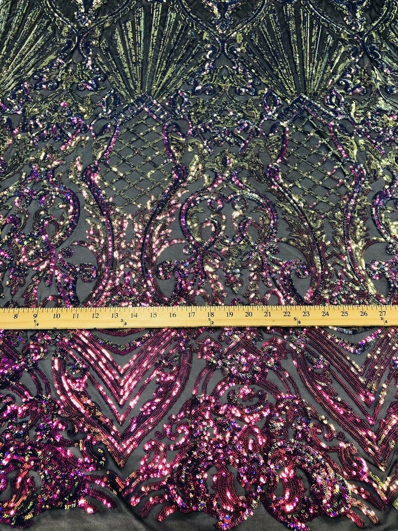Iridescent Rainbow, Black Mesh Damask Design 4Way Stretch Sequin Fabric Mesh-Prom-Gown By The Yard