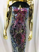 Iridescent Rainbow, Black Mesh Damask Design 4Way Stretch Sequin Fabric Mesh-Prom-Gown By The Yard