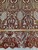 Iridescent Orange, Nude Mesh Damask Design 4Way Stretch Sequin Fabric Mesh-Prom-Gown By The Yard