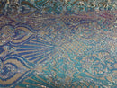 Iridescent aqua,  Nude Mesh Damask Design 4Way Stretch Sequin Fabric Mesh-Prom-Gown By The Yard