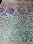 Iridescent aqua,  Nude Mesh Damask Design 4Way Stretch Sequin Fabric Mesh-Prom-Gown By The Yard