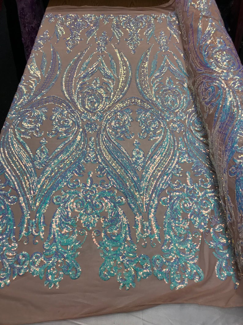 Iridescent aqua,  Nude Mesh Damask Design 4Way Stretch Sequin Fabric Mesh-Prom-Gown By The Yard