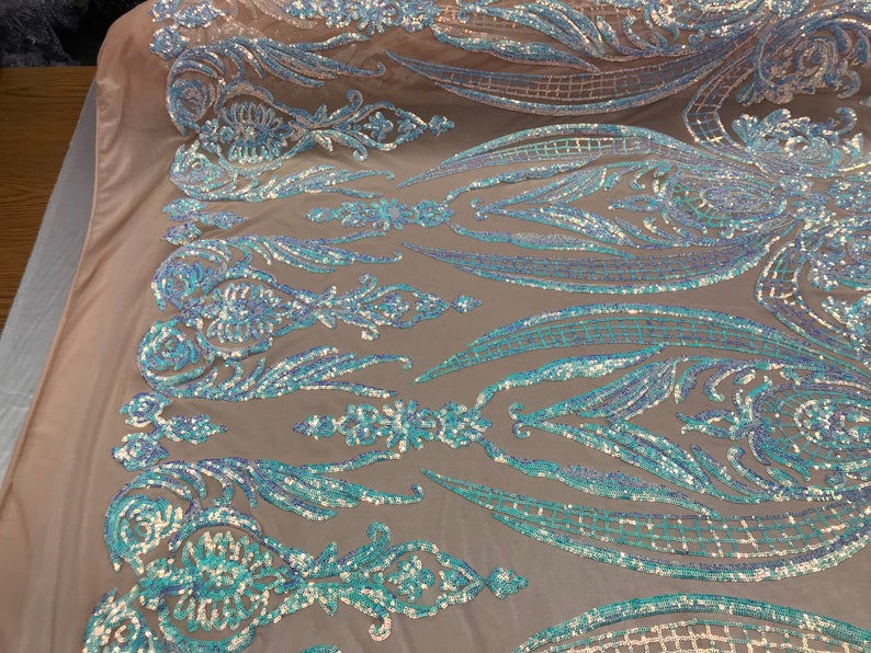 Iridescent aqua,  Nude Mesh Damask Design 4Way Stretch Sequin Fabric Mesh-Prom-Gown By The Yard