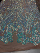 Iridescent aqua,  Nude Mesh Damask Design 4Way Stretch Sequin Fabric Mesh-Prom-Gown By The Yard