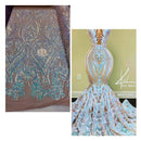 Iridescent aqua,  Nude Mesh Damask Design 4Way Stretch Sequin Fabric Mesh-Prom-Gown By The Yard