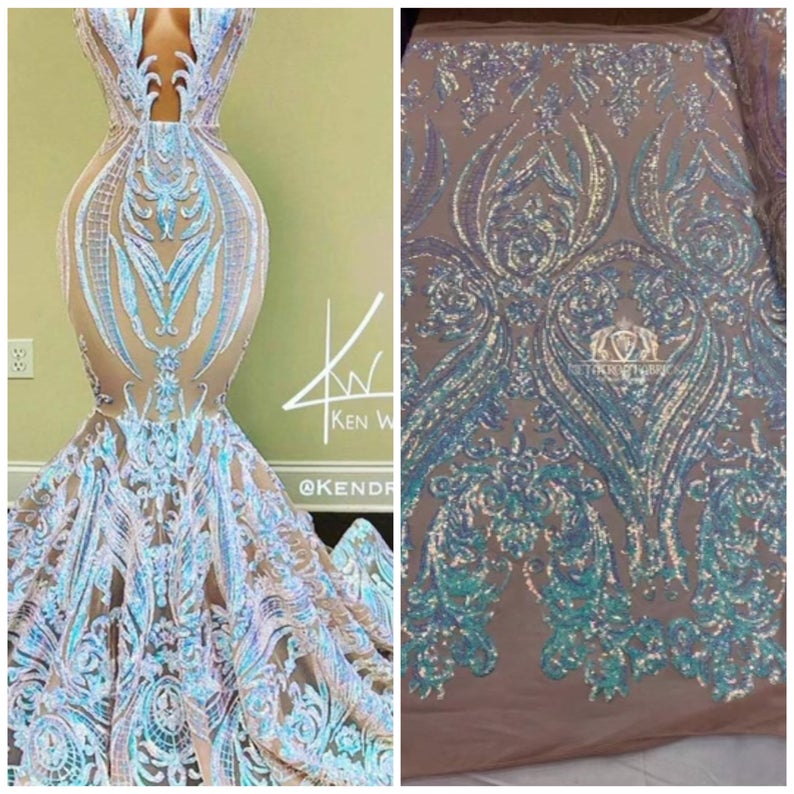 Iridescent aqua,  Nude Mesh Damask Design 4Way Stretch Sequin Fabric Mesh-Prom-Gown By The Yard