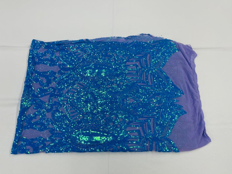 Iridescent Sequin Fabric - Turquoise on Lilac - 4 Way Stretch Royalty Lace Sequin By Yard