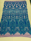 Iridescent Sequin Fabric - Turquoise on Lilac - 4 Way Stretch Royalty Lace Sequin By Yard