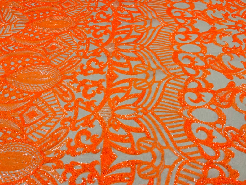 Iridescent Sequin Fabric - Orange on Nude 4 Way Stretch Royalty Lace Sequin By Yard