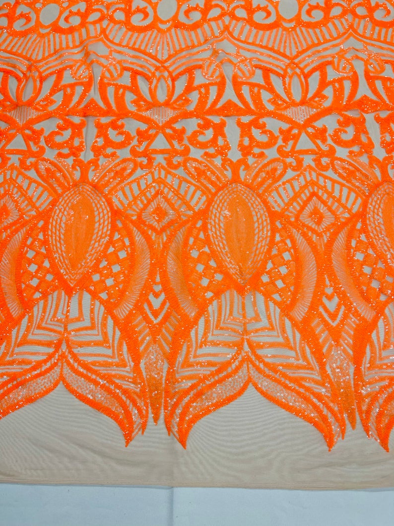 Iridescent Sequin Fabric - Orange on Nude 4 Way Stretch Royalty Lace Sequin By Yard