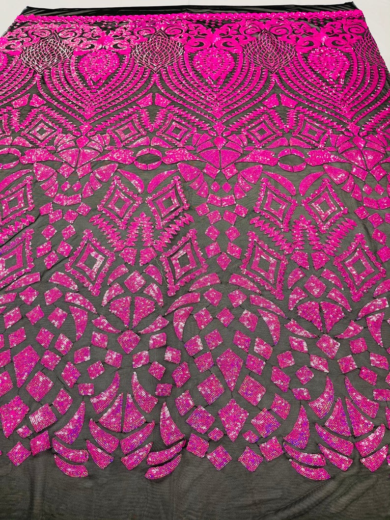 Neon Hot Pink Sequins on Black Mesh Geometric Design, 4 Way Stretch Sequin Fabric-Prom-Gown By Yard