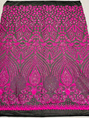 Sample 4”X6” Inch Neon Hot Pink Sequins on Black Mesh Geometric Design, 4 Way Stretch Sequin Fabric-Prom-Gown