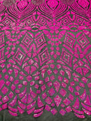 Sample 4”X6” Inch Neon Hot Pink Sequins on Black Mesh Geometric Design, 4 Way Stretch Sequin Fabric-Prom-Gown