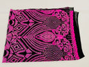 Sample 4”X6” Inch Neon Hot Pink Sequins on Black Mesh Geometric Design, 4 Way Stretch Sequin Fabric-Prom-Gown